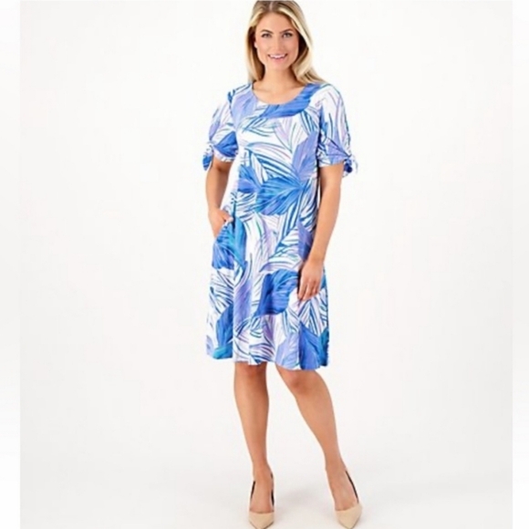 Susan Graver Printed Regular Liquid Knit A-Line Dress Sleeve Ties Pockets XL - Picture 4 of 11